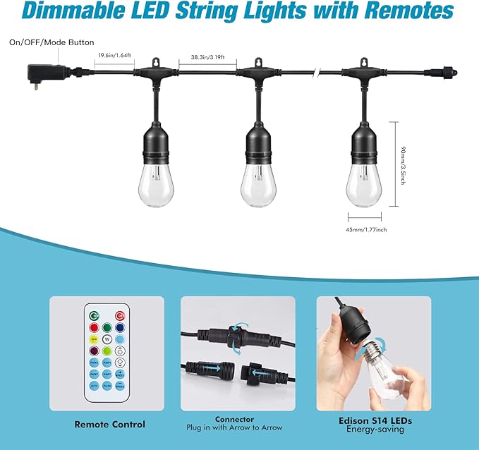 48FT RGB Outdoor String Lights, LED Waterproof Patio Lights with Remote, Color Changing Decorative Lamp for Backyard