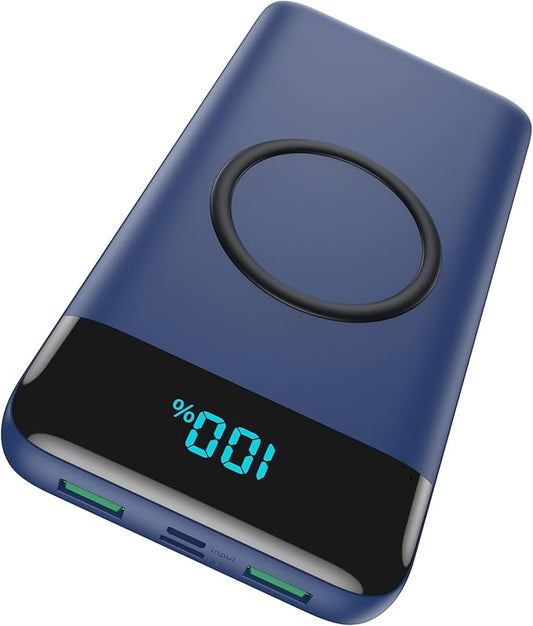 Wireless Portable Charger 30,800mAh 15W Wireless Charging 25W PD QC4.0 Fast Charging Smart LED Display USB-C Power Bank,4 Output& 2 Input External Battery Pack Compatible with iPhone, Samsung etc-Blue
