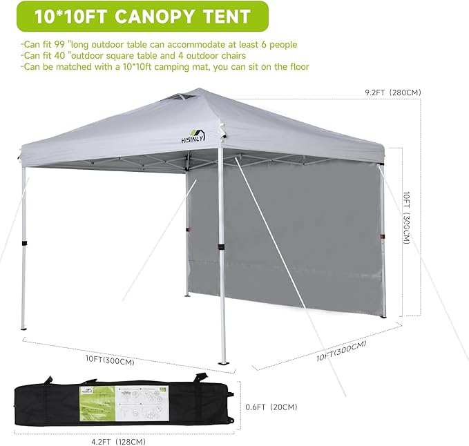 10x10ft Pop Up Canopy Tent with Removable Sidewall, Instant Shade Canopy with Vented Roof for Patio Outdoor Camping with Wheel-Bag, 4 Sand Bags, 8 Stakes