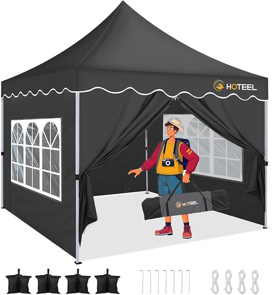 HOTEEL 10×10 Pop Up Canopy with 4 Sidewalls, UV 50+ and Waterproof Canopy Tent 10×10, Thickened Frame, Large Space Easy Pop Up Canopy, Outdoor Canopy for Weddings, Beaches, Parties, Patio (Black)