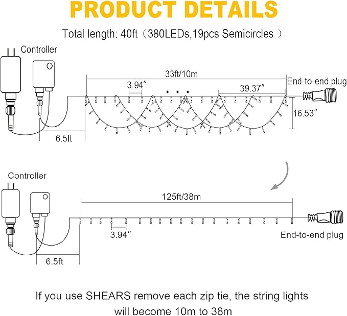 KAZOKU Christmas Lights Outdoor Indoor 40FT 380 LED Waterproof Christmas Tree Lights 8Modes Extendable Xmas Semicircle String Lights for Christmas Home Roof Eaves Garden Patio Yard Decor(Multicolor)