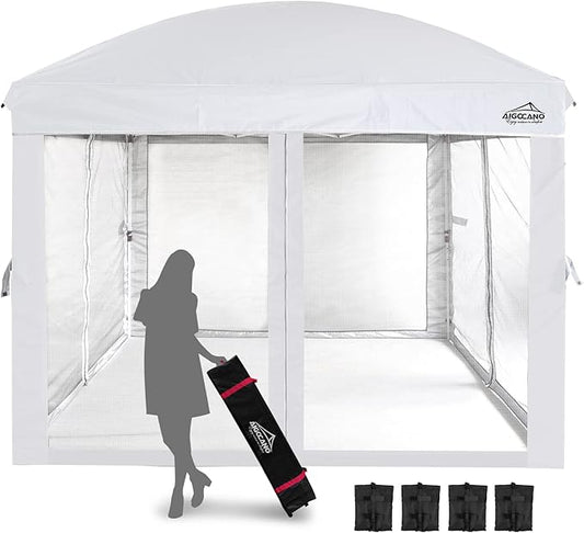 Canopy Tent with Netting Screen,10x10 Easy Pop Up Gazebo for Outdoor Parties,Camping,Foldable Patio Gazebo with Roller Bag and 4 Sandbags (White)