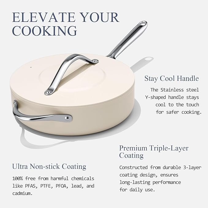 Nonstick Ceramic Sauté Pan with Lid (4.5 qt, 11"), Deep Frying Pan for All Cooktops - Non Toxic, PTFE/PFOA/PFAS Free, Dishwasher & Oven Safe up to 500°F - with Stay Cool Handle - Cream
