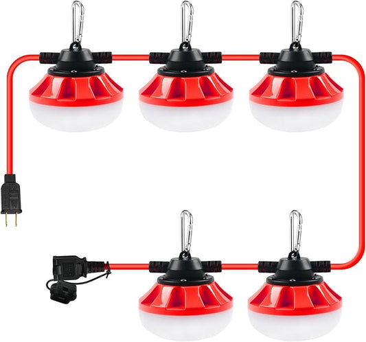50FT LED Construction String Lights, 5 Medium Base Sockets, Linkable Job Site Lighting, 5000LM, Red, 50FT, Outdoor, Indoor