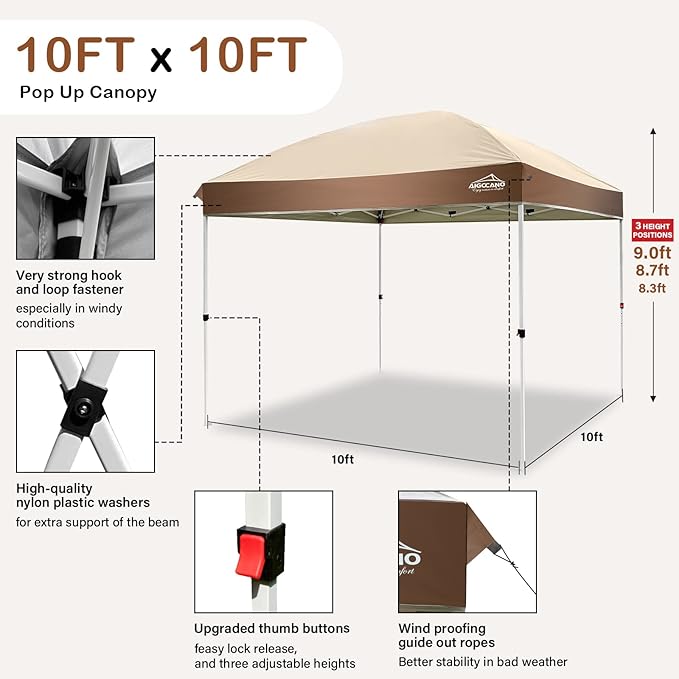 Canopy Tent,Outdoor 10x10 Pop Up Canopy, Instant Tents for Parties with Roller Bag,4 Sandbags,Portable Easy Up Canopies (Brown)