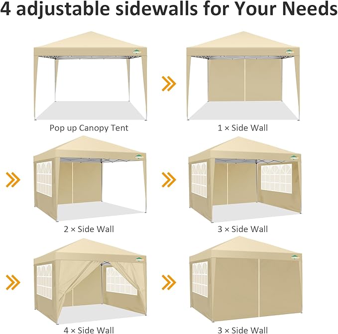 COBIZI 10x10 Pop Up Canopy Tent with 4 Sidewalls,10x10 Easy Up Waterproof Canopy Tents for Parties Camping Exhibition, Outdoor Easy Set U Gazebo Tent with Carry Bag,8 Stakes & 4 Ropes(Khaki