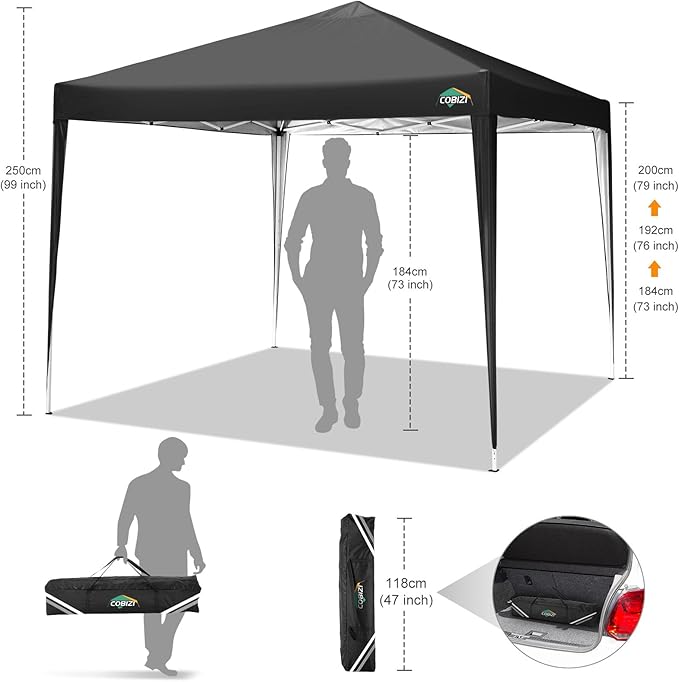 COBIZI 10x10 Pop Up Canopy Tent with 4 Sandbags, Easy Set Up Tent, Instant Outdoor Sun Shelter Canopy with 8 Stakes,4 Ropes&Carry Bag, Tents for Parties, Beach, Backyard,Camping(Black