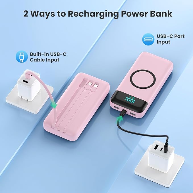 Wireless Portable Charger 40800mAh for iPhone with 3 Built-in Cables,7-in-1 15W Wireless Charging USB C Power Bank,LCD Display 25W PD QC 4.0 Fast Charging Battery Pack for iPhone 16/15/14/13/12-Pink