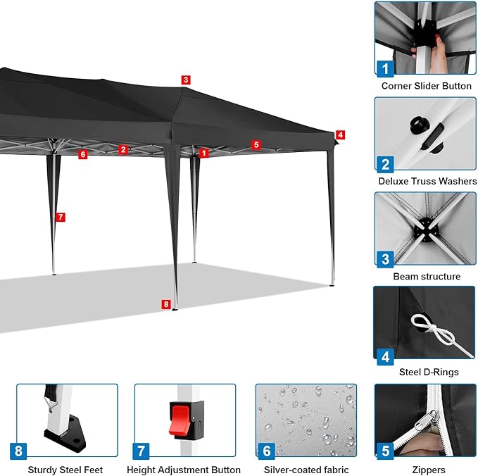 COBIZI Canopy 10x20 Pop Up Canopy Tent with 6 Sidewalls Easy Pop Up Tent 10x20 Waterproof Commercial Instant Shelter UPF 50+ Portable Gazebo Wedding Tents for Parties Car Port Vender Events(Black