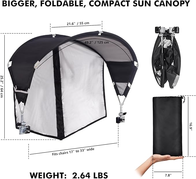 Universal Chair Umbrella Canopy, UPF 50+ Sun Shade with Adjustable Clamp Clip for Beach Chair, Outdoor Camping Chair, Sports Chair, Lawn Chair, Tanning Chair, Zero Gravity Chair, Black 2 Pack