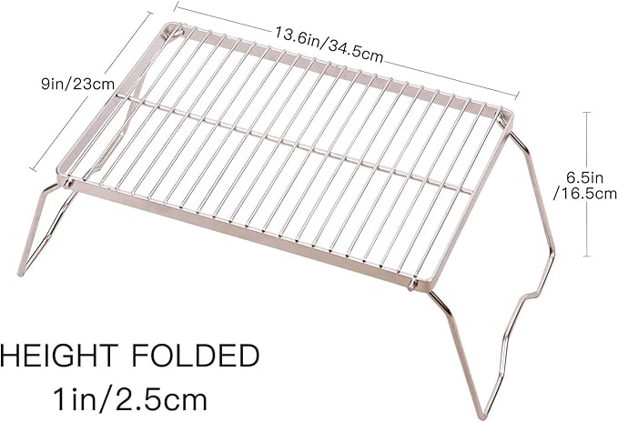 13.6" Folding Campfire Grill 304 Stainless Steel Grate, Heavy Duty & Portable Camping Grill Grate with Carrying Bag for Camping, Hiking, Backpacking, BBQ, Cooking