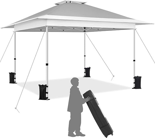 Yaheetech 13x13 Pop Up Canopy Tent, Straight Leg Easy Set-up Height-Adjustable Folding Shelter w/Extending Eaves Set W/Sandbags & Rolling Storage Bag & Ground Anchors & Guy Lines，Light Gray/White