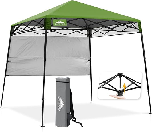 EAGLE PEAK 8x8 Pop Up Canopy Tent with Sidewall, Compact, Portable Slant Leg Instant Sun Shelter for Beach, Sports, & Camping, 8x8 Base 6x6 Top, Grass Green