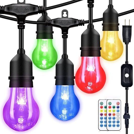 48FT Outdoor Patio Lights Color Changing, RGB LED String Lights with 16 E26 Shatterproof Edison Bulbs, Dimmable Patio String Lights for Bistro Backyard Garden, 1 Remote Controllers