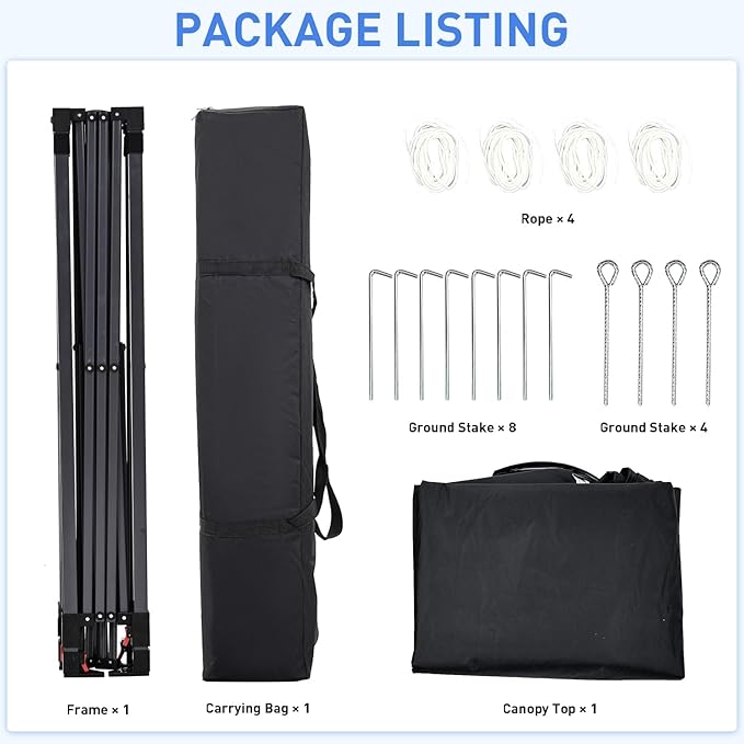 Pop Up Canopy, 10x10 FT Instant Outdoor Canopy Tent with Carrying Bag, 3 Adjustable Heights - Portable for Event, Parties, Camping and More Outdoor Activities