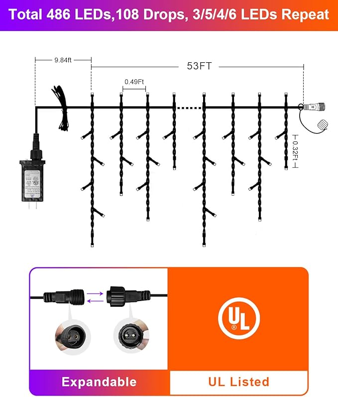 Outdoor Halloween Lights, Waterproof 53FT 486 LED Hanging String Lights with 108 Drops, 8 Modes Timer, Connectable Plug-in Outside Lights for Party Eaves Yard Decorations, Purple and Orange