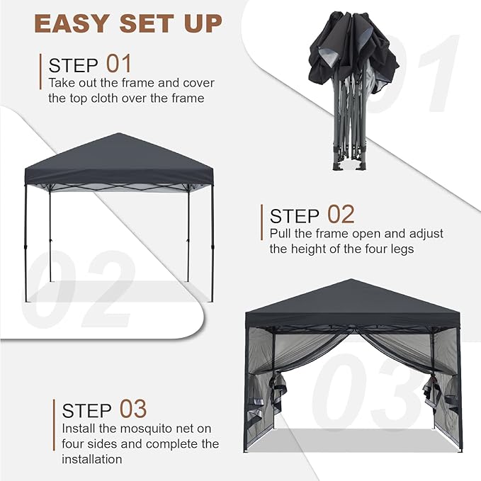 MASTERCANOPY Pop-Up Easy Setup Outdoor Canopy with Netting Screen Walls (10x10, Dark Gray)