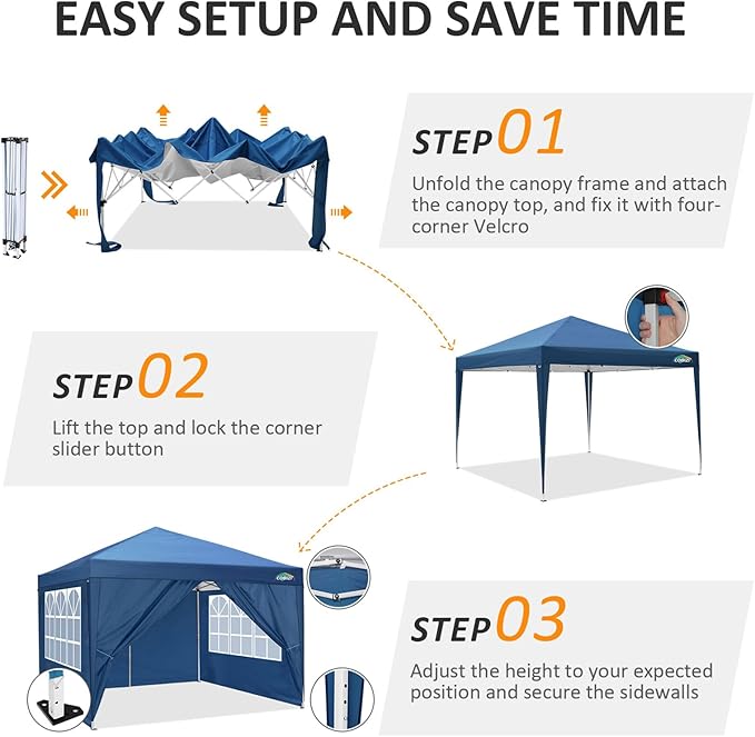 COBIZI Canopy 10x10 Pop Up Canopy Tent with 4 Sidewalls, 10x10 Easy Up Canopy Waterproof Commercial Outdoor Gazebo Portable Shelter Instant Tents for Parties,Backyard(with Carrying Bag,Blue