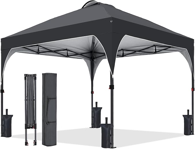 Pop Up Canopy, 10x10 FT Instant Outdoor Canopy Tent with Sandbags, 3 Adjustable Heights - Portable for Event, Parties, Camping and More Outdoor Activities