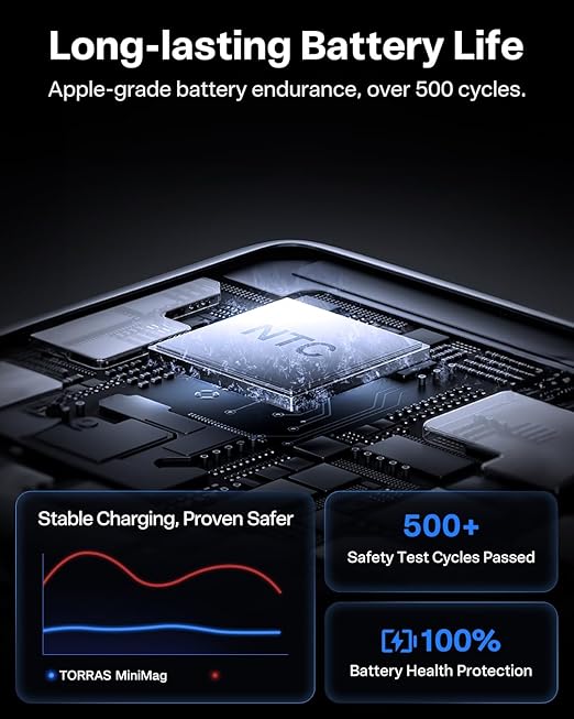 TORRAS MiniMag Power Bank,Ultra-Slim 10,000mAh Magnetic Wireless Portable Charger, 22.5W Fast Charging Battery Pack with USB-C Cable Designed for iPhone 16 Pro Max/16 Pro/16/15/14/13/12, Glacier Gray
