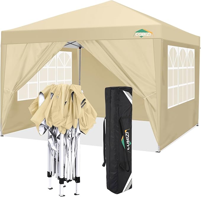 COBIZI 10x10 Pop Up Canopy Tent with 4 Sidewalls,10x10 Easy Up Waterproof Canopy Tents for Parties Camping Exhibition, Outdoor Easy Set U Gazebo Tent with Carry Bag,8 Stakes & 4 Ropes(Khaki
