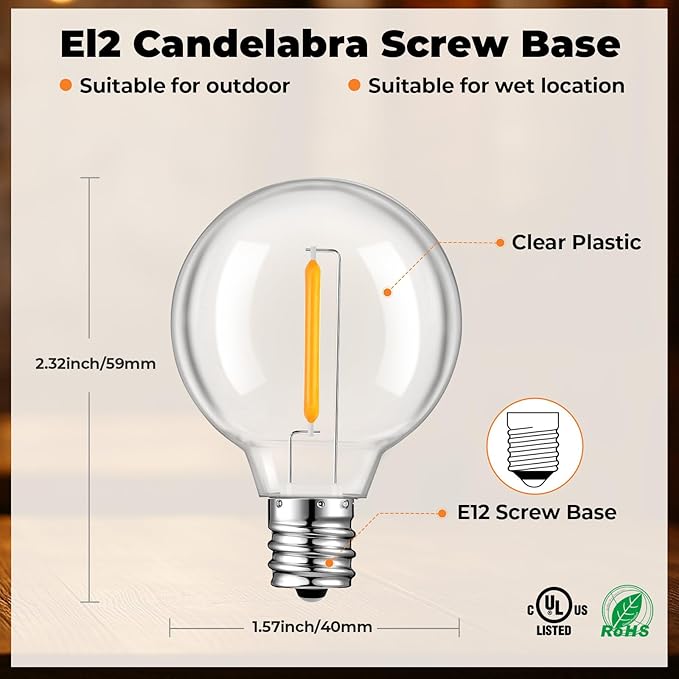 50 Pack LED G40 Replacement Bulbs for String Lights, Shatterproof Plastic Globe Bulb for Indoor Outdoor Patio Decor, E12 Candelabra Socket Base, Warm White