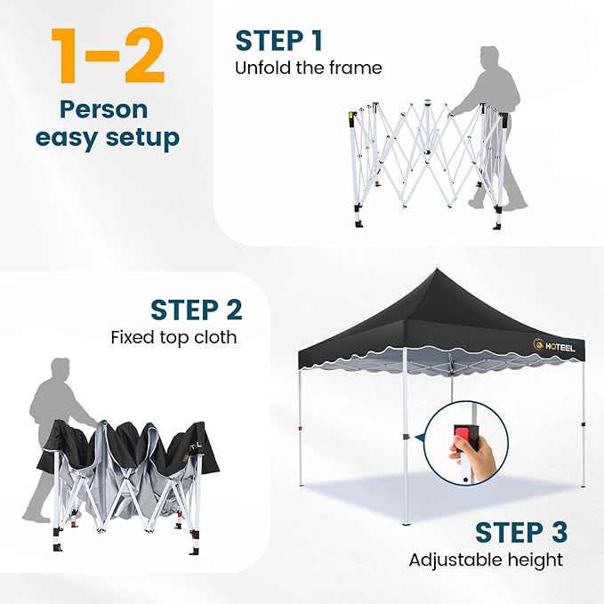 HOTEEL 10×10 Pop Up Canopy, Outdoor Canopy with 1-Person Setup, Height-Adjustable, for Weddings, Camping, Parties, Bonus 4 Wind Ropes + 8 Ground Spikes + 4 Sandbags (Black)