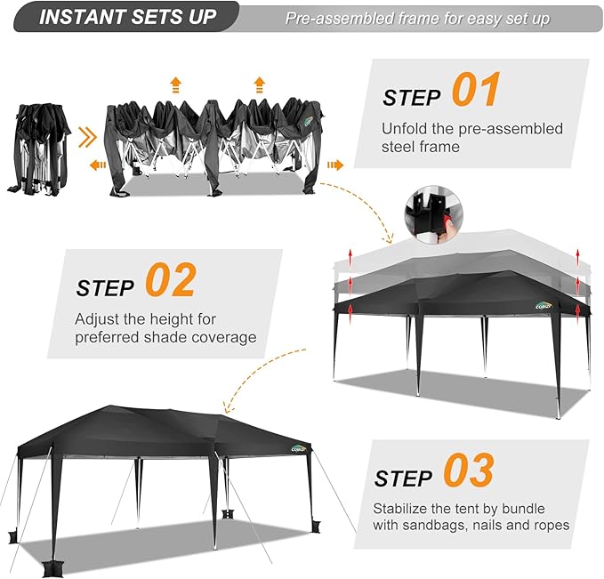 COBIZI 10x20 Pop Up Canopy Tent One Push Setup UV Protection 50+ Waterproof Party Tents for Parties Wedding Outdoor Commercial Event Gazebo Portable Instant Tent for Backyard Camping Carport,Black