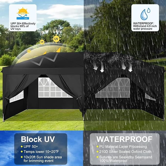 COBIZI Canopy 10x20 Pop Up Canopy Tent with 6 Sidewalls Easy Pop Up Tent 10x20 Waterproof Commercial Instant Shelter UPF 50+ Portable Gazebo Wedding Tents for Parties Car Port Vender Events(Black