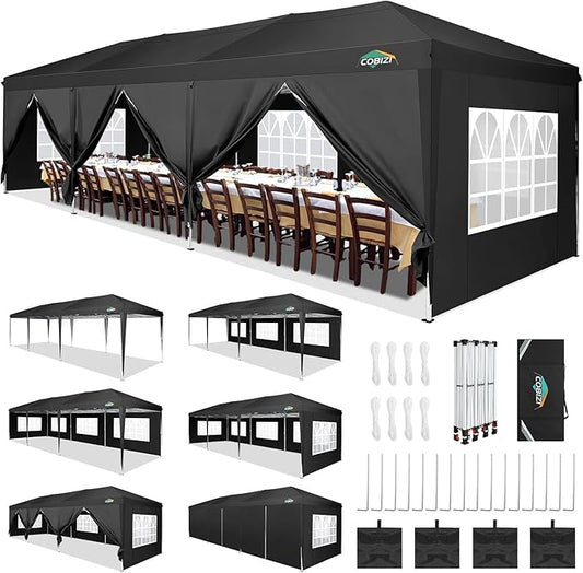 COBIZI 10x30 Pop Up Canopy Tent for Parties with 8 Sidewalls Waterproof Commercial Instant Canopy 10x30 Party Tent for Backyard, Wedding Portable Outdoor Gazebo with Carrybag&4 Sandbags(Black