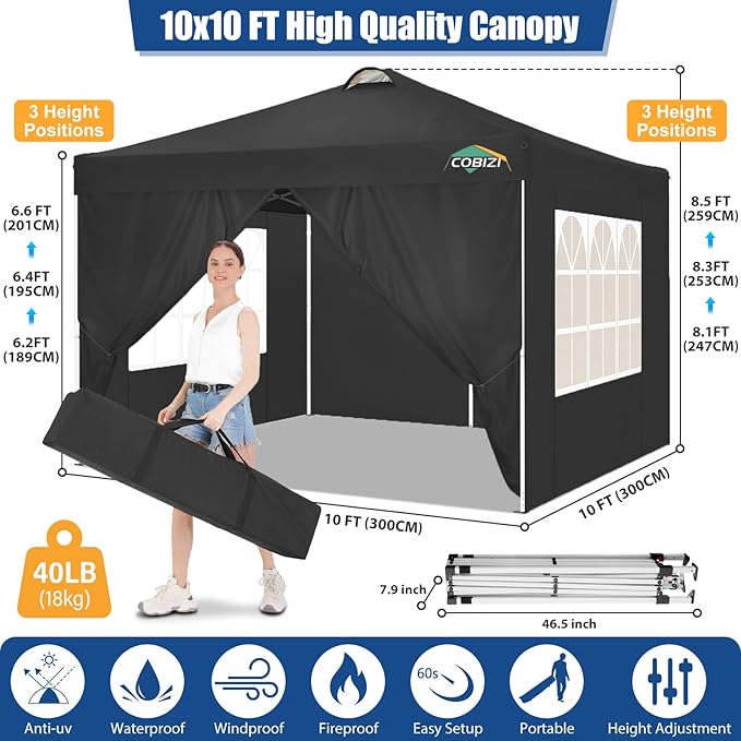 COBlZI 10x10 Pop Up Canopy Tent with 4 Removable Sidewalls，One Push Setup Waterproof Commercial Gazebo Tent with Air Vent, 4 Sandbags，4 Stakes & 8 Ropes（Tents for Party/Exhibition-Black