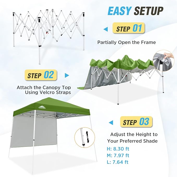 EAGLE PEAK 10x10 Pop Up Canopy Tent with Sidewall, Compact, Portable Slant Leg Instant Sun Shelter for Beach, Sports, & Camping, 10x10 Base 8x8 Top, Green