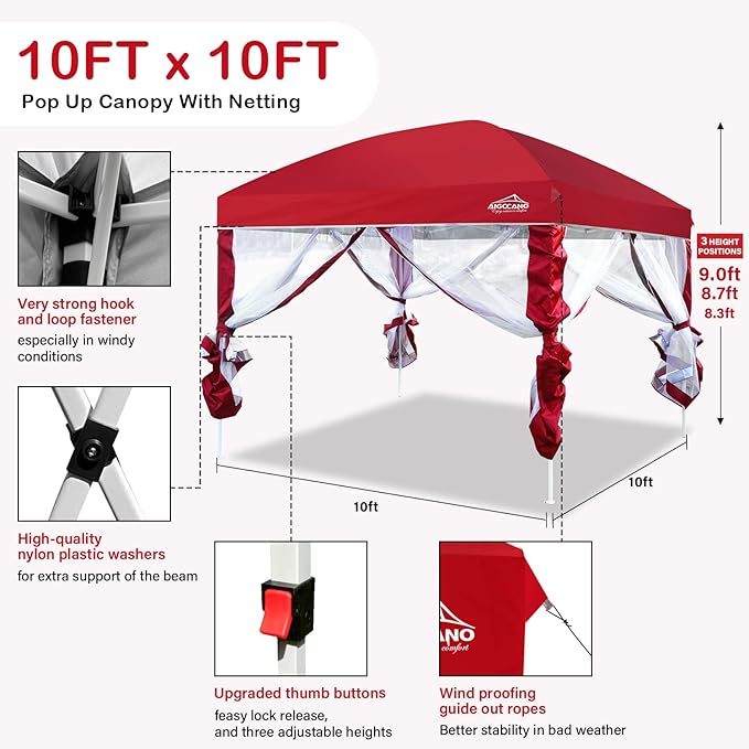 Canopy Tent with Netting Screen,10x10 Easy Pop Up Gazebo for Outdoor Parties,Camping,Foldable Patio Gazebo with Roller Bag and 4 Sandbags (Red)