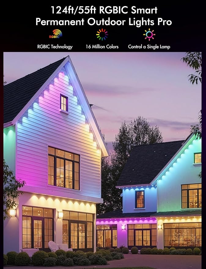 Smart Permanent Outdoor Lights Pro, 55ft with 36 RGB+IC Led Permanent Outdoor Lights for House, 51 Scenes, IP68 Waterproof, App/Remote Control for Christmas House Roof Lighting