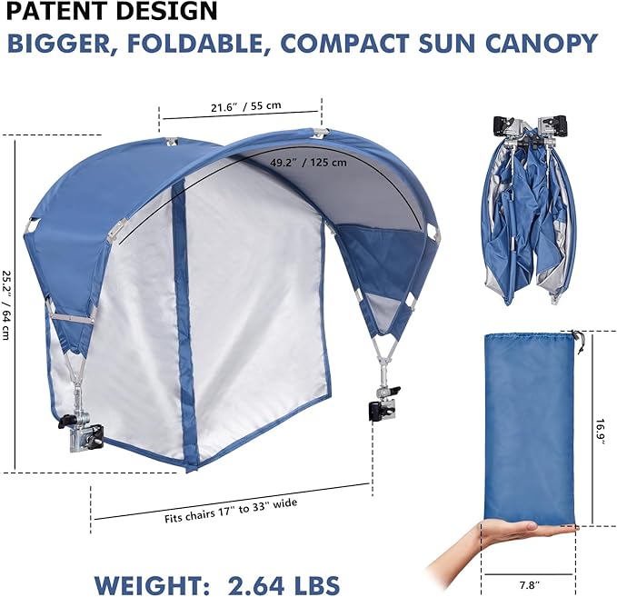 Universal Chair Canopy Umbrella, UPF 50+ Sun Shade with Adjustable Clamp Clip for Beach, Camping, Sports, Lawn, Zero Gravity, Wheelchair, Wagon