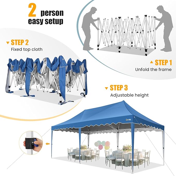 HOTEEL 10×20 Pop Up Canopy, Canopy Tent UV 50+ and Waterproof, Thickened Frame, Large Space Easy Pop Up Canopy, Outdoor Canopy for Weddings, Beaches, Parties, Patio (Blue)