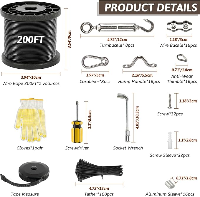 400 Ft String Light Hanging Kit Outdoor, Nylon Coated Stainless Steel 304 Wire Rope, String Light Kit Included Enough Accessories, Guide Wire for Outdoor String Lights, Patio Lights, Camping Lights