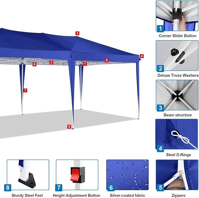 COBIZI 10x20 Pop Up Canopy Tent 10x20ft Waterproof Party Easy Up Canopy Tents for Parties Wedding Outdoor Commercial Event Gazebo Portable Instant Tent for Backyard Camping Carport, Navy Blue
