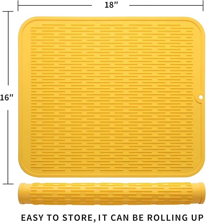 Silicone Dish Drying Mat for Multiple Usage,Easy clean,Eco-friendly,Heat-resistant Silicone Mat for Kitchen Counter or Sink,Refrigerator or Drawer Liner Yellow XL 18 inches x 16 inches