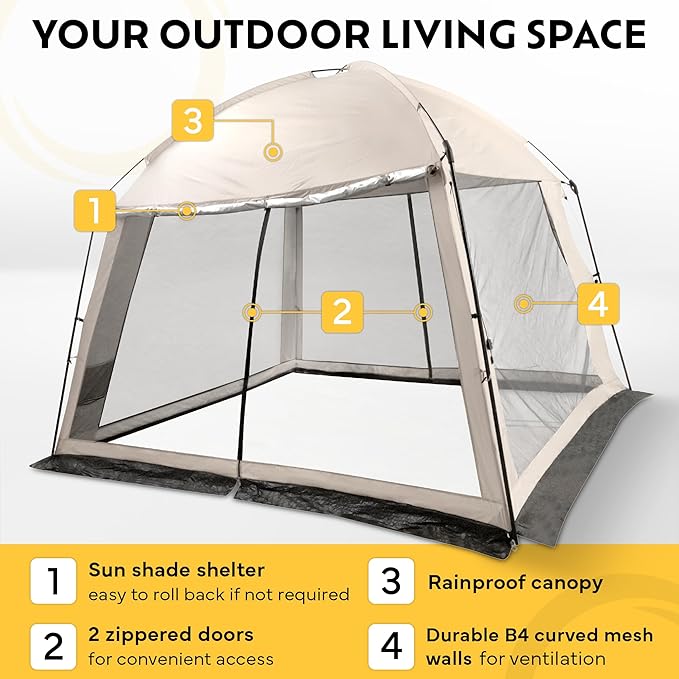 10x10 Screen Tents for Camping, 6-8 Persons Screen House for Camping, Windproof With 10 Ground Nails & 6 Steel Poles, UV Protected, 360° Ventilated & Bug Free for Peaceful Picnics, BBQ & Camping Night