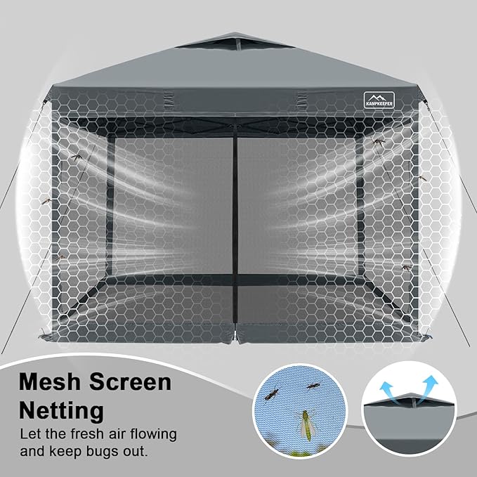 KAMPKEEPER 10x10 Pop Up Canopy with Mosquito Netting,Instant Outdoor Screen Tent Sun Shade for Events Patio Camping Picnic,Gazebo with 4 Sandbags,1 Wheeled Bag(Dark Grey)