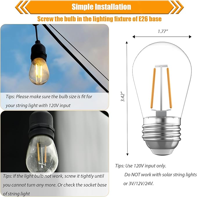 15 Pack Replacement Bulbs for String Lights, 2W S14 Shatterproof Waterproof LED Outdoor Light Bulbs, 2700K Soft White, E26 Base, AC120V, Not Dimmable
