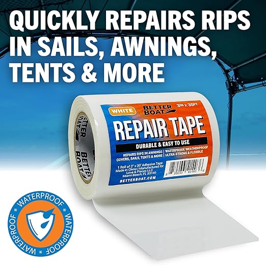 Repair Tape for Fabric Boat Covers, Canvas Tents, Pop-Up Campers, RV Awnings, Tarps, Canopies, Bimini Tops, Sails, Air Mattress Patch Kit, 30ft x 3" White Heavy-Duty Waterproof Vinyl