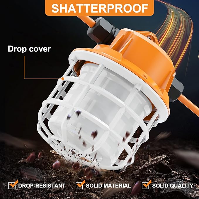 NS 100FT Construction String Lights 150W LED Industrial Grade 15000LM 5000K IP65 Linkable for Construction Sites, Temporary Work, Renovation, Jobsite,All Outdoor Lighting, with 10 Bulbs and Hook
