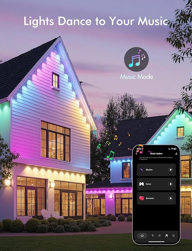 Permanent Outdoor Lights, Smart RGBIC Outdoor Lights with Multi Scene Modes, 124ft with 72 LED Lights, IP67 Waterproof, Alexa/Google Compatible, All-Weather Defense & 10-Second Quick Installation