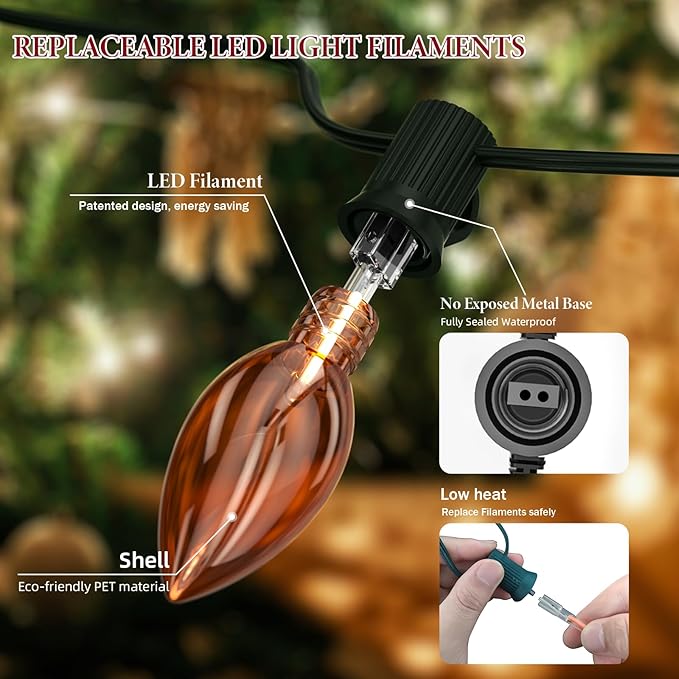 Kawaya Outdoor Christmas LED Multi-Colored Clear Tree Lights - C9 50ft, 50 Bulbs Waterproof Decor for Outside Trees, House, Walkway & Pathways