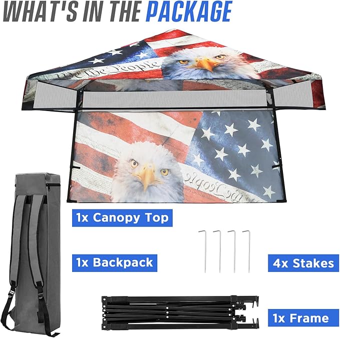 EAGLE PEAK 8x8 Pop Up Canopy Tent with Sidewall, Compact, Portable Slant Leg Instant Sun Shelter for Beach, Sports, & Camping, 8x8 Base 6x6 Top, American Icon