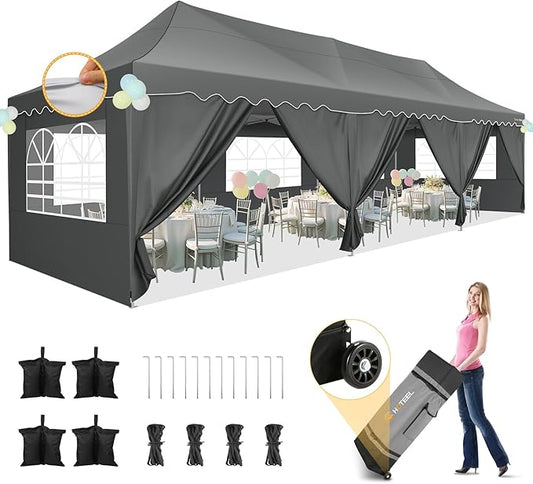 HOTEEL 10x30 Pop Up Canopy with 8 Sidewalls, UV 50+ and Waterproof Party Tent 10×30, Thickened Frame, Large Space Easy Pop Up Canopy, Outdoor Canopy for Weddings, Beaches, Parties, Patio (Grey)