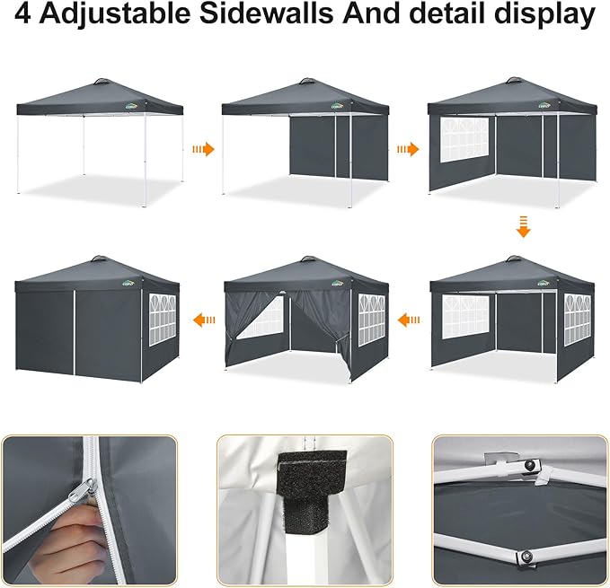 COBlZI 10x10 Pop Up Canopy Tent with 4 Removable Sidewalls，Waterproof Commercial Easy Adjustable Gazebo Tent with Air Vent, 4 Sandbags，4 Stakes & 8 Ropes（Tents for Party/Exhibition,Grey