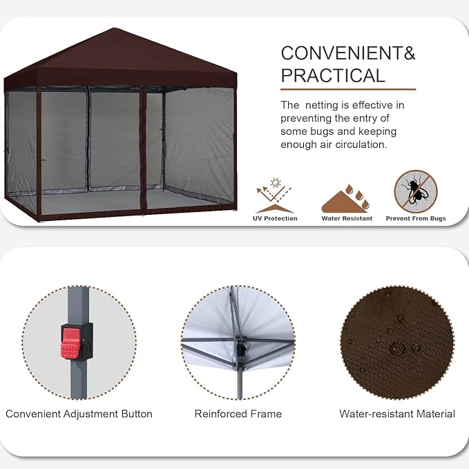 MASTERCANOPY Pop-Up Easy Outdoor Canopy with Netting Screen Walls (8x8, Brown)